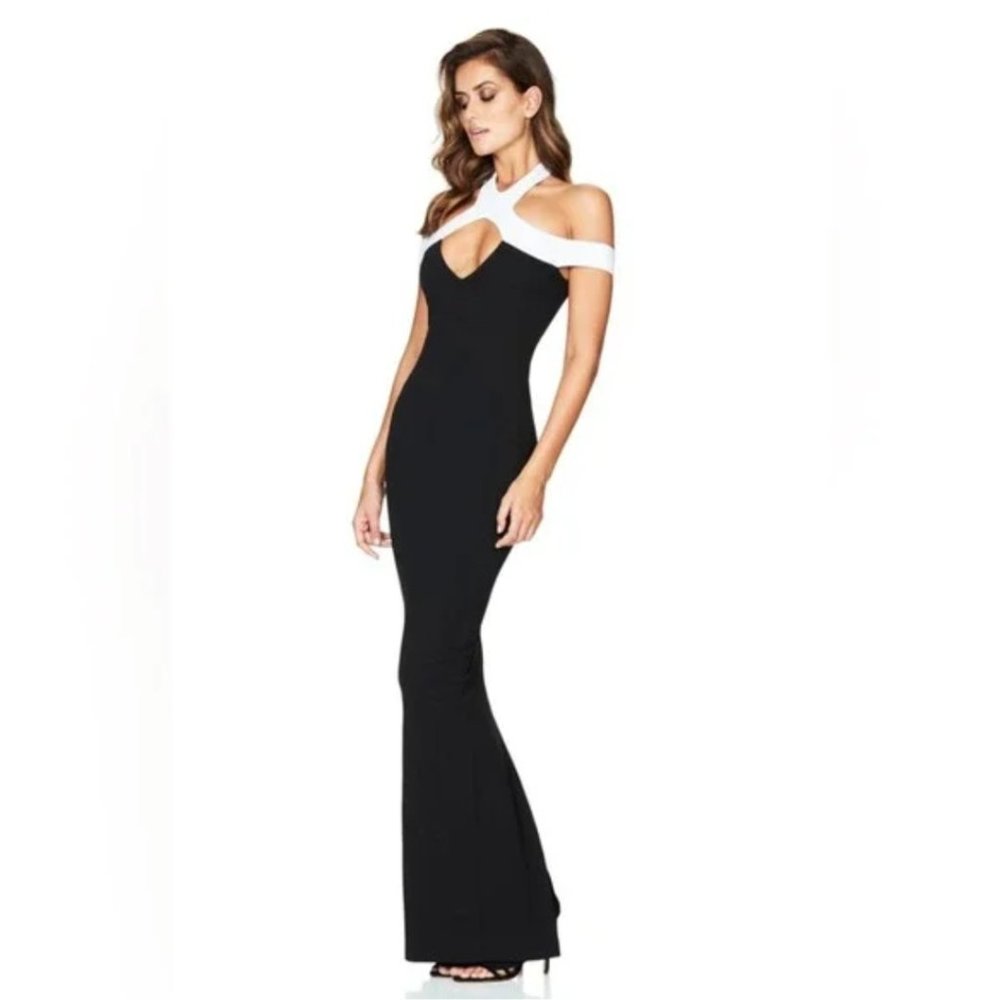 NOOKIE Hollywood Black & White Formal Maxi Gown Dress NEW S